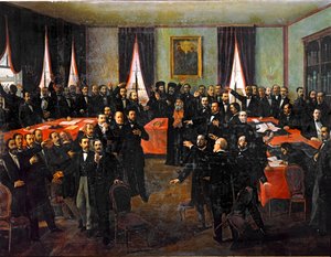 Proclamatie van de unie van de prinsdommen van Roemenië ... (schilderij op doek) door Theodor Aman