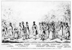 Koning Friedrich Wilhelm III van Pruisen ontmoet diplomaten, soldaten en geleerden in de kuuroordstad Teplitz in 1833, 1833