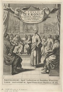 Cicero en discussiërende figuren (Titelpagina voor: Cicero, opera omnia, 1661)