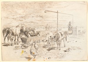 Paarden, kalveren en ganzen bij de Hollanderbron op Saltholm door Theodor Philipsen