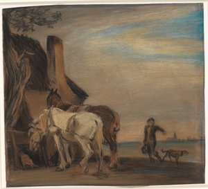 Jongen die water brengt naar twee paarden (kopie naar schilderij van Paulus Potter in het Louvre)
