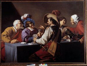 Kaartspelers, de brelan Schilderij door Theodore Rombouts (1597-1637) 17e eeuw Antwerpen, Koninklijk Museum