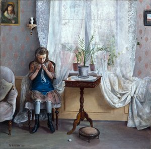 Interieur met meisje dat haakt