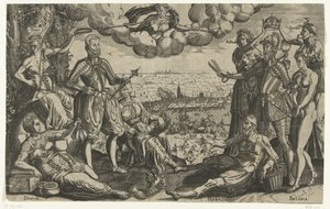 Vergelijking tussen Oranje en Alva, met op de achtergrond de Spaanse Furie, ca. 1577 door Theodor de Bry (attributed to)