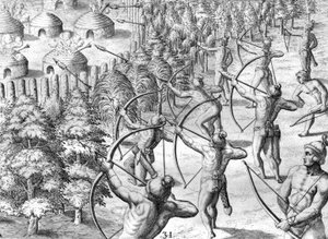 Aanval op een Potano-kamp door Theodor de Bry