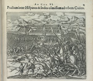 Slag tussen de Spanjaarden en de Indianen bij de poorten van Cuzco, 1596 door Theodor de Bry
