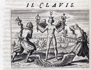 Symbolische compositie van de alchemie, een naakte jonge man, gevleugeld en gekroond, zwaait met twee caducees, omringd door de Maan en de zon, tegenover gewapende mannen met zwaarden die een adelaar en een slang dragen - Gravure door Theodore de Bry (1528