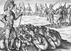 Indiase gevangenen saturiwa door indianen potano door Theodor de Bry
