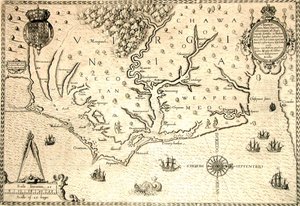 Kaart van 1590 gegraveerd door Theodore de Bry naar aquarel van de Engelse kolonist John White, gouverneur van Roanoke. Virginia en kust met kleine eilanden en Roanoke aan de monding van de rivier. Secotan en Weapemeoc inheemse gebieden.
