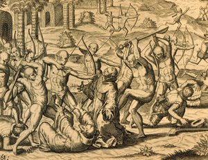 Martelaarschap van missionarismonniken in Zuid-Amerika, gravure uit Historia americae, door Theodor de Bry