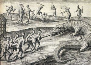 Naakte inheemse Amerikanen jagen op alligators in Florida, VS