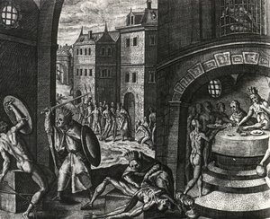 Priester doodt slachtoffer van nepgevecht en vilt vervolgens het lichaam, Mexico, gravure uit Peregrinationes, door Theodor de Bry (1528-1598), Midden-Amerika door Theodor de Bry