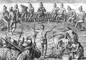 Timucua Indiaan met Franse ontdekkingsreizigers door Theodor de Bry