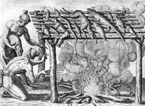 Timucua-indianen drogen voedsel door Theodor de Bry