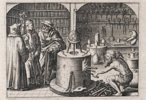 Drie geleerden praten in het alchemielaboratorium, met oven en instrumenten