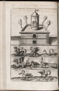 Een alchemieoven en symbolische dieren van de alchemie
