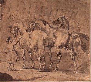 Klein meisje dat paarden voert in een stal