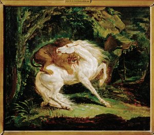 Cheval attaque par un lion - een paard aangevallen door een leeuw, naar een ets van Laurie en een schilderij van George Stubbs ... door Theodore Gericault