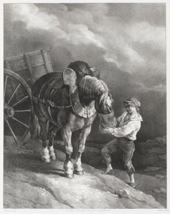 Jongen die haver voert aan een vastgebonden paard (A Boy Giving Oats to a Hitched Horse) door Theodore Gericault