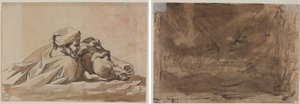 Géricault - Man die een paard in het water houdt, naar Poussins Zondvloed (recto); compositiestudie (mogelijk voor Poussins Zondvloed) (verso), ca. 1816 door Theodore Gericault
