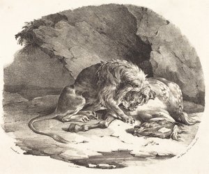 Leeuw die een paard verslindt door Theodore Gericault