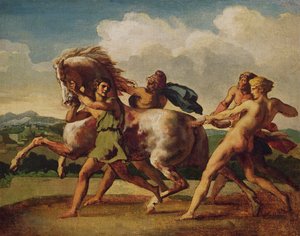Slaven stoppen een paard, studie voor "De race van de barbaarse paarden", 1817