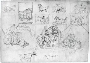 Afbeelding van paarden (voorkant); Een wagen gevolgd door een borddrager (achterkant) door Theodore Gericault