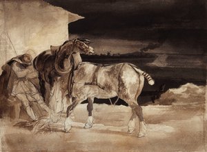 Twee paarden en een slapende stalknecht, ca. 1822-1823 door Theodore Gericault