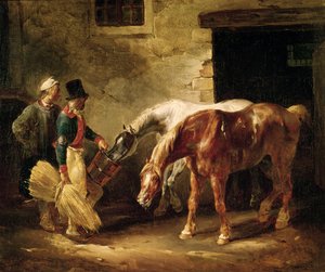 Twee postpaarden bij de deur van een stal