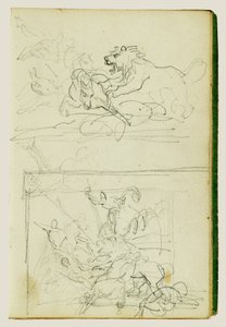 Twee compositiestudies van een leeuwenjacht