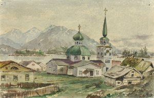 Achteraanzicht van Griekse kerk, Sitka, 1888