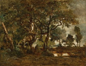 Bos van Fontainebleau, groep hoge bomen met uitzicht op de Clair-Bois vlakte aan de rand van Bas-Bréau door Theodore Rousseau