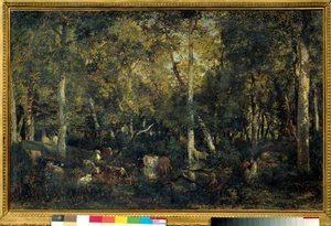 Interieur van het bos genaamd de Oude Slaapzaal van Bas-Breau (Fontainebleau bos) door Pierre Etienne Theodore Rousseau