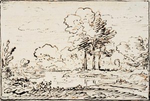 Landschap met drie hoge bomen bij een rivierbocht door Theodore Rousseau