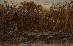 Bos bij zonsondergang in de winter door Theodore Rousseau