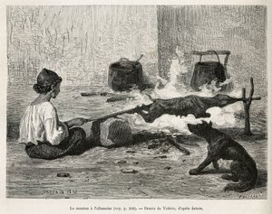 Een jonge Montenegrijn roostert een schaap met de Albanees, zittend voor het vuur en constant draaiend aan de houten pin. Gravure naar de tekening van Valerio, ter illustratie van de reis naar Dalmatië, door Charles Yriarte, in 1874, gepubliceerd in 