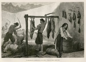 De voorbereiding van de castradina, specialiteit van gezouten en gerookt schapen- en geitenvlees, tegen het einde van oktober, in Dalmatië (Istrië en Herzegovina (Kroatië)), tekening door Valerio, ter illustratie van de reis naar Montenegro, in 1874, door 