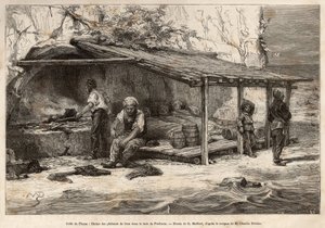 Een tonijnvisserij in de baai van Proelucca, Golf van Fiume (of Rijeka, Istrië), drie vissers slapen nog, gewikkeld in dekens, een ander zal de uitkijk vervangen, een ander zal de keuken voorbereiden en de mos dwaalt aan de voet.