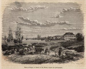 De rede van Saigon, gravure naar een tekening van T. Weber, ter illustratie van de reis naar Cochinchine, door dokter Morice, in 1872, gepubliceerd in 