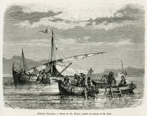 Sponsvissers in de Golf van Nafplio, tekening van Th. Weber, ter illustratie van het verhaal van een reis naar Griekenland in 1861, 1868 en 1874, door Henri Belle. Gravure in 