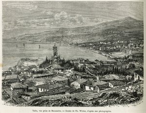 De stad Jalta, genomen vanuit Massandra, tekening door Th. Weber, ter illustratie van het verhaal Vier Maanden in Rusland, in 1876, door F. De Mely. Gravure in Le tour du monde.