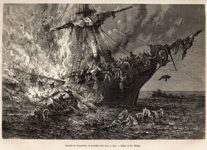 De brand van de Cospatrick, een Brits schip met meer dan 400 emigranten naar Nieuw-Zeeland, op 19 november 1874, gegraveerd naar een tekening van T. Weber, ter illustratie van de studie van stormen en reizen, door Mr. Zurcher en Mr. Margolle, in 1870-1874,
