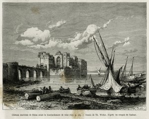 Het maritieme kasteel van Sidon voor het bombardement van 1840. Gravure van Th. Weber, ter illustratie van het verhaal La Syria d