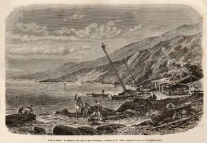 Tonijnvissen in de Proelucca-baai (Golf van Fiume of Rijeka, Istrië), de uitkijk van de visbanken zit op hoge schalen en vertelt de vissers van hun team of gooit hun netten langs de kust. Gravure naar de tekening van T. Weber, ter illustratie van een verha