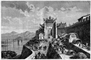Uitzicht op de Shanghai-poort aan de Huangpu-rivier, China in de jaren 1870-1880. Gravure naar een tekening van Weber, in 
