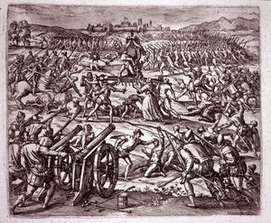 Een Dominicaanse monnik, zich bespot voelend door de Inca-koning Atahualpa, moedigt Francisco Pizarro aan om wraak te nemen (Gravure) door Theodore de Bry