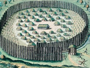 Een Versterkt Indiaans dorp, Illustratie uit The Discourse of Florida door Theodore de Bry (gravure) door Theodore de Bry