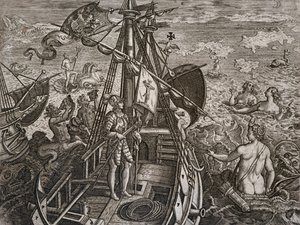 Allegorie van de reis van Christoffel Columbus naar de ontdekking van de Nieuwe Wereld, gravure door Theodor de Bry