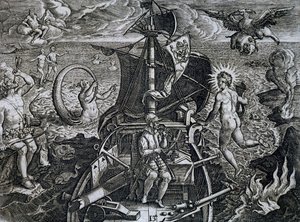 Allegorie van de reizen van Ferdinand Magellan, gravure
