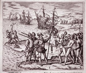 Aankomst van Christoffel Columbus op het eiland Hispaniola in de West-Indië (Gravure) door Theodore de Bry